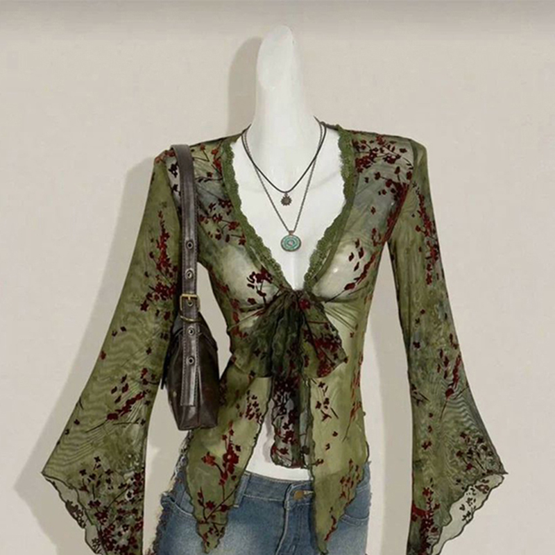 Romper Floral Print - MEXZT Vintage Kwiatowe Koszule z Siateczki