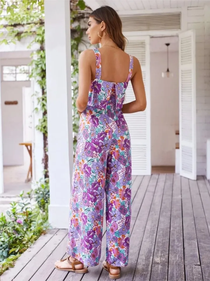 Romper Floral Print - Elegancki długi kombinezon damski, seksowny, z