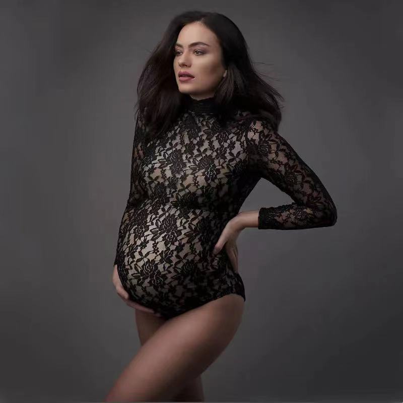 Romper Floral Print - Koronkowa fotografia ciążowa rekwizyty kombinezon rozciągliwy