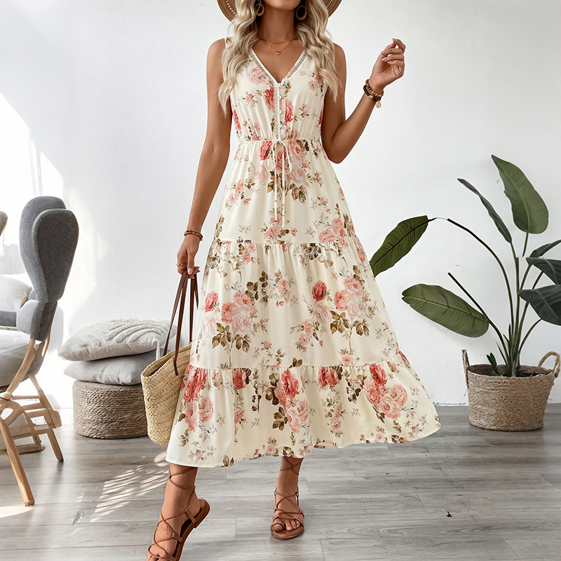 Midi Skirt Floral - Damska sukienka midi bez rękawów z